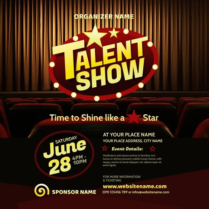 the talent show flyer with auditorium seats and red curtains in front of a curtained wall