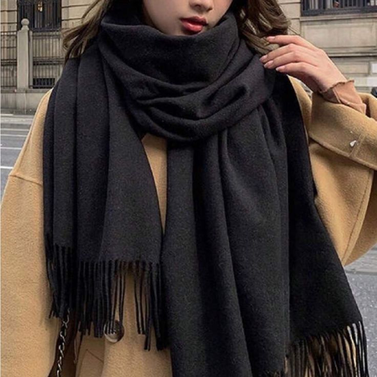 Super Cute And Stylish Ships In 5-10 Business Days Black Scarf Outfit, Big Scarves, Black Outfit Winter, Scarf Aesthetic, Thick Scarf, Plain Scarves, Warm Shawl, Big Scarf, Scarf Outfit