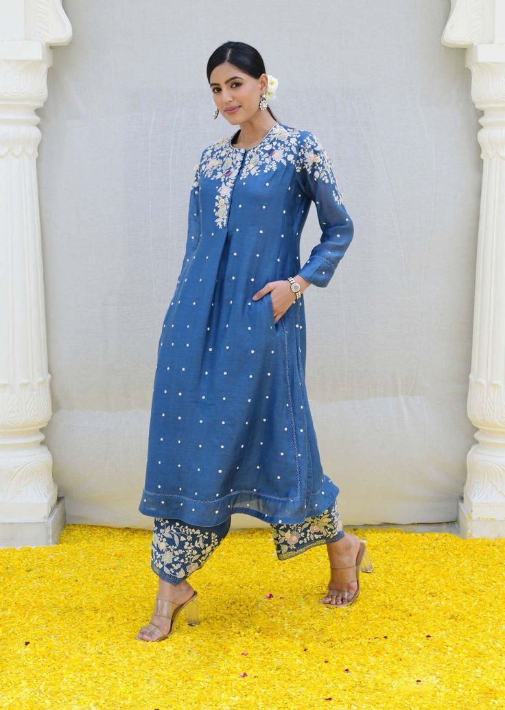 Niti Bothra | Jean Blue Long Kurta And Pants | INDIASPOPUP.COM Kurta And Pants, Kurta And Palazzo, Blouse Yoke, Resham Embroidery, Long Kurta, Palazzo Set, Embroidered Pants, Embroidered Border, Indian Heritage