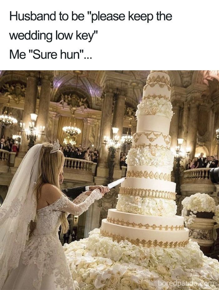 a woman in a wedding dress cutting into a large white cake with the words husband to be please keep the wedding low key me sure