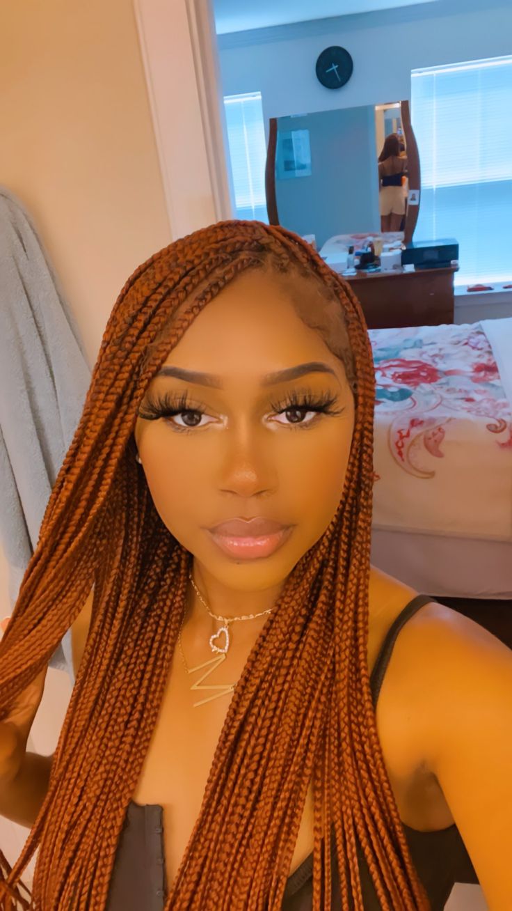 harajuku barbie on Twitter: "in full ginger effect… " Knotless Box Braids Medium Ginger, Braid Styles For Big Foreheads, Ginger Hair Color Braids, Ginger Box Braids Black Women, Auburn Braids Black Women, Auburn Box Braids, Copper Box Braids, Copper Braids Black Women, Ginger Braids Black Women