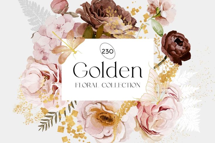 the golden floral collection is displayed on a white background with gold leaves and pink flowers