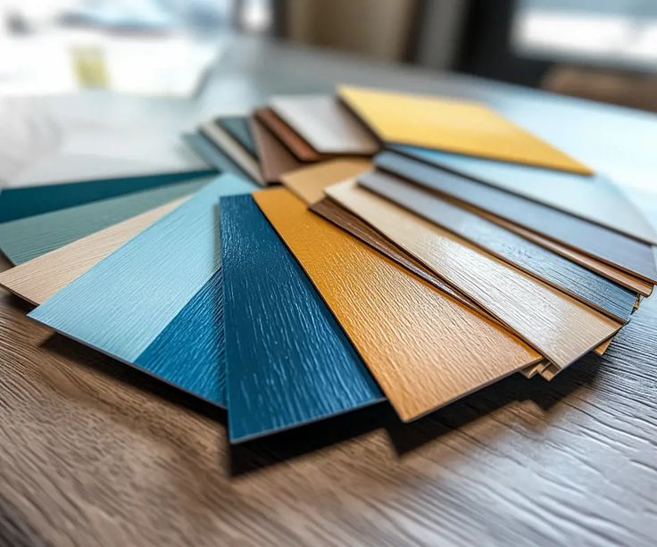 many different colors of wood on a table