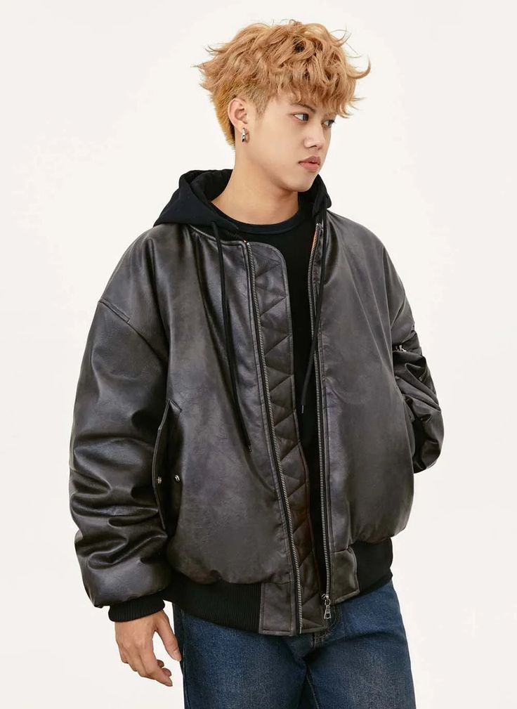 Get ready to make a statement with the MADEEXTREME Maillard Thickened Leather Padded Bomber Jacket. Made from premium thickened leather, this jacket is both durable and stylish. With padded detailing and a bomber style, you'll stay warm and on trend. Perfect for adding a touch of edge to any outfit. Pu Leather Jacket, Shoulder Sleeve, Short Pants, Get Ready, Stay Warm, Casual Style, Hoodie Shirt, Bomber Jacket, Leather Jacket