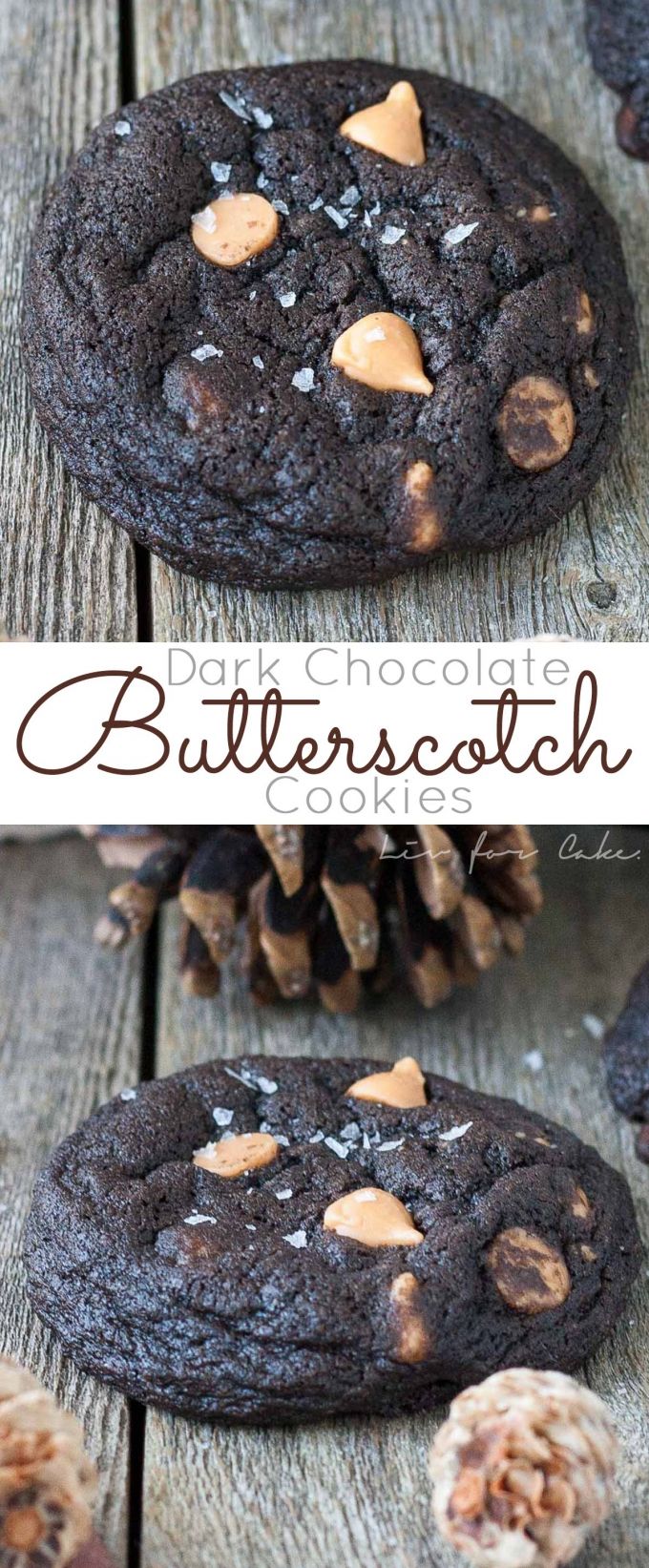 double chocolate butterscotch cookies on a wooden table with pine cones and text overlay