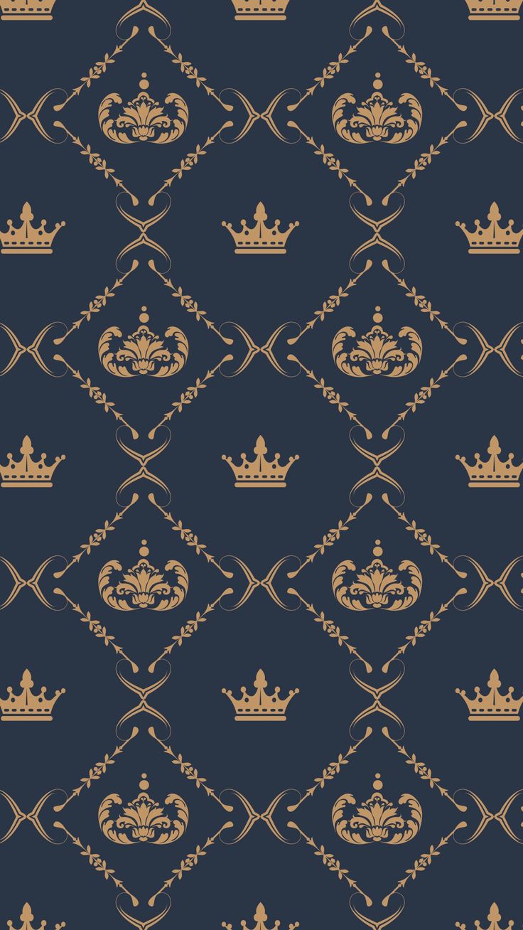 a blue and gold wallpaper with crown designs on it's sides, in the middle