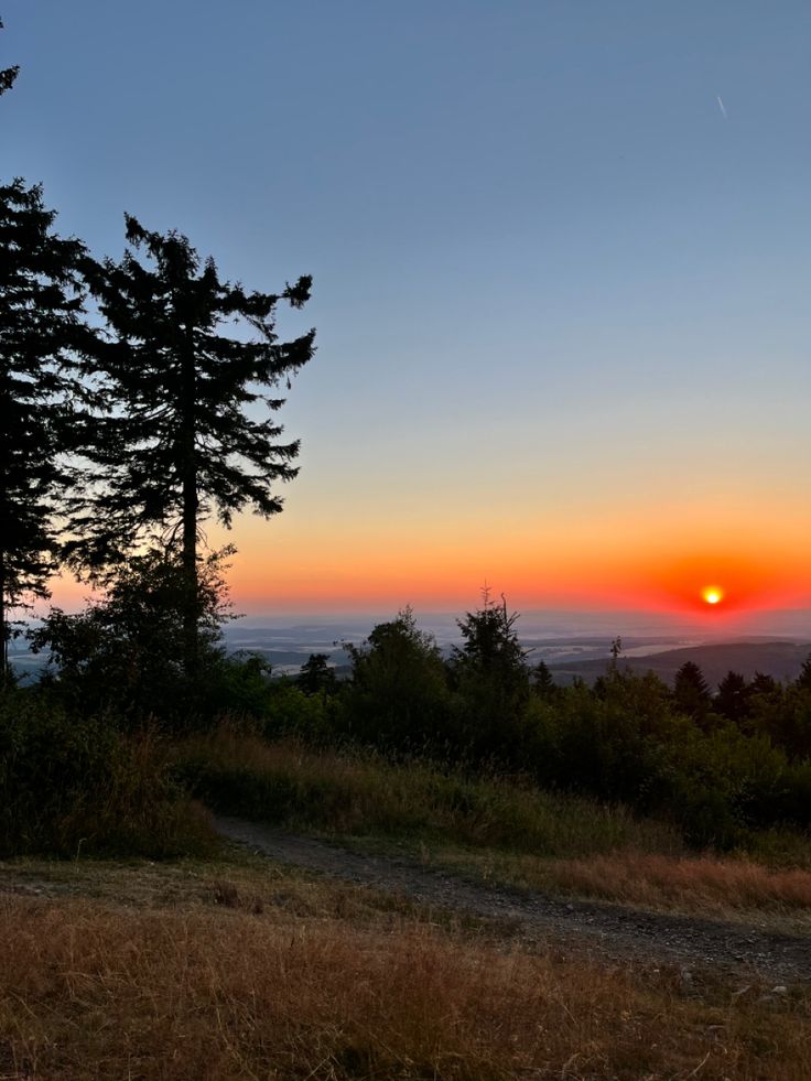 the sun is setting over some trees on top of a hill