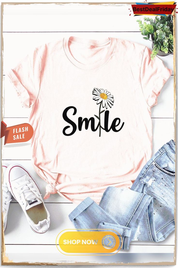 Bestdealfriday Smile Daisy Graphic Tee Spring Letter Print Relaxed Fit T-shirt, Graphic Tee Shirt With Logo Print For Spring, Basic Letter Print Tops For Spring, Casual Spring Shirt With Funny Print, Basic Logo Print T-shirt For Spring, Casual Screen Print Shirt For Spring, Trendy Crew Neck Spring Shirt, Basic Crew Neck Shirt For Spring, Trendy Crew Neck Shirt For Spring