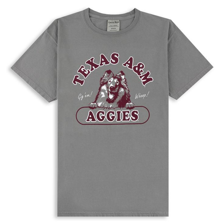 Show off your Texas A&M spirit with this stylish and comfortable t-shirt! Featuring the official mascot of the Aggies, Reveille, smiling away with "Texas A&M Aggies" in maroon, this gray t-shirt is perfect for showing your school pride! - Brand: Comfort Wash - 100% Cotton - Machine Wash Cold/Tumble Dry Low School Pride, Texas A&m, Gray Tshirt, Tumble Dryer, Texas, Size Medium, Sports, T Shirt