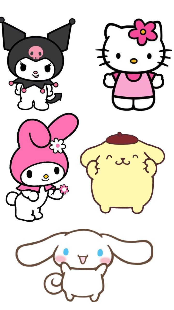 hello kitty and other cartoon characters are shown in this image, with the same character on each