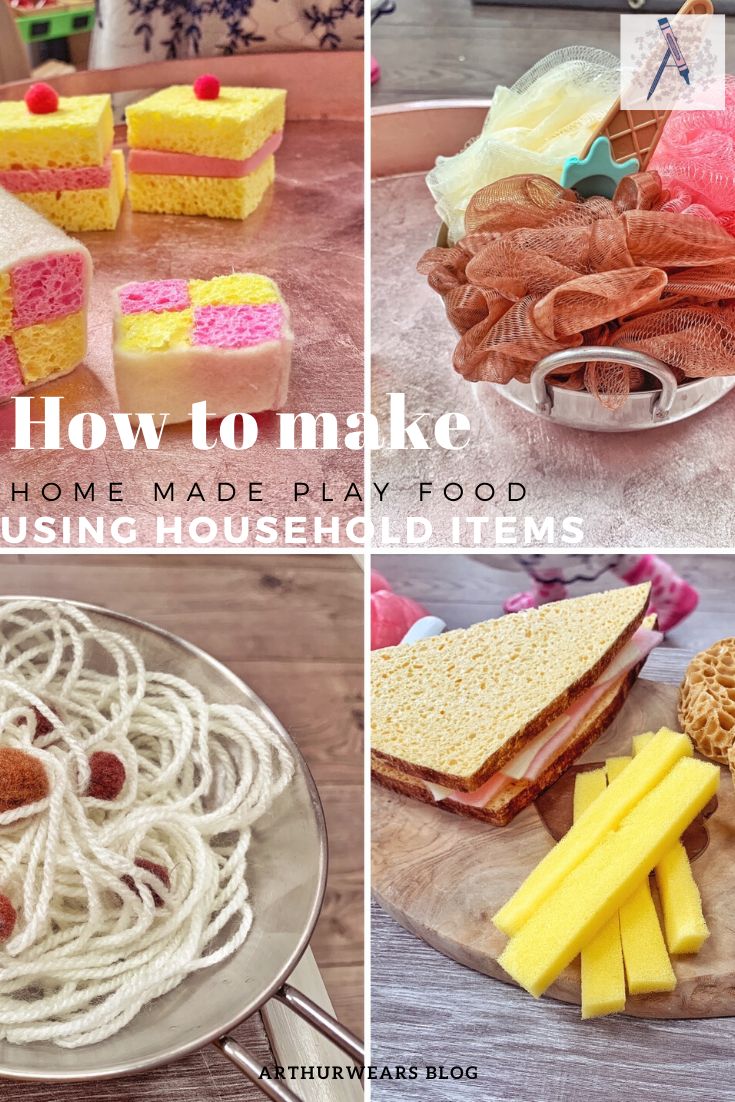 four pictures with different types of food on plates and in bowls, including cake, pasta, bread, waffles, and other foods