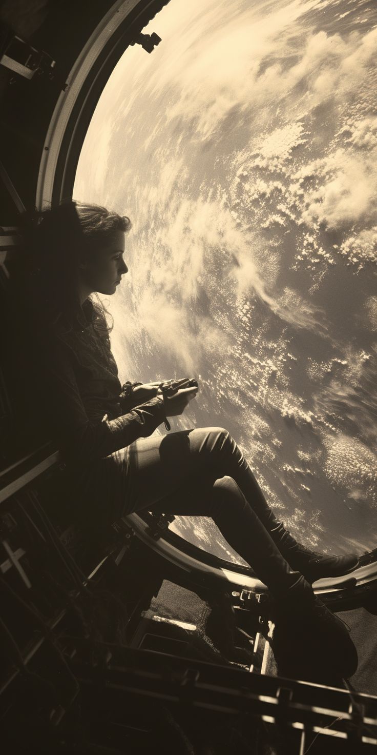 a person sitting in a space station looking at their cell phone