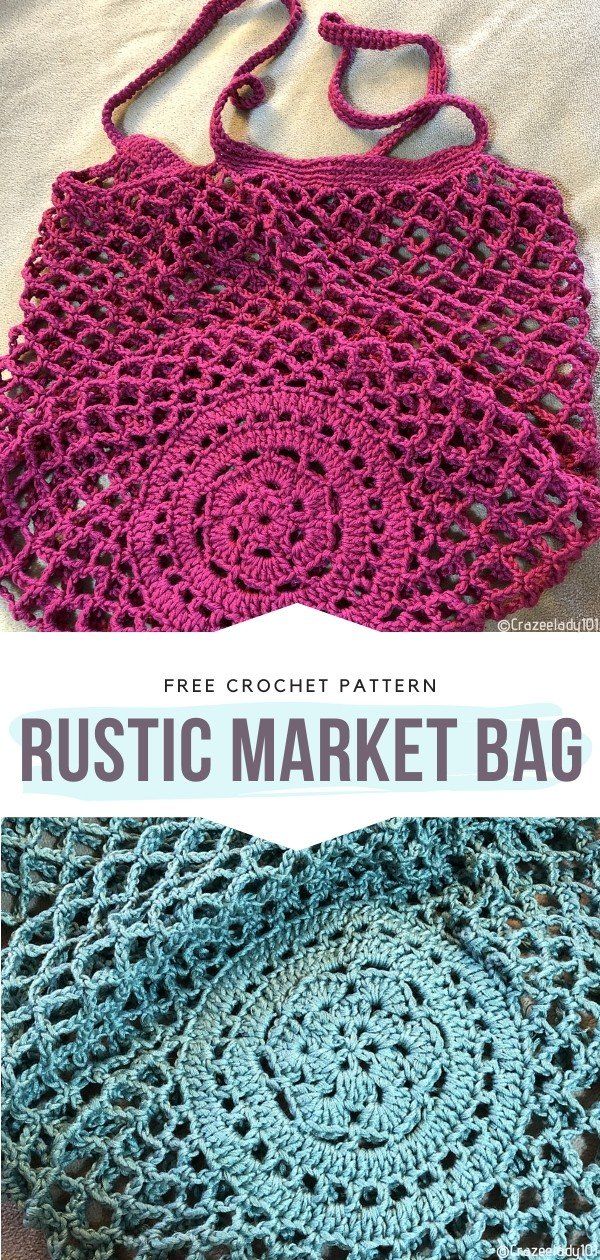 two crocheted purses with the words rustic market bag