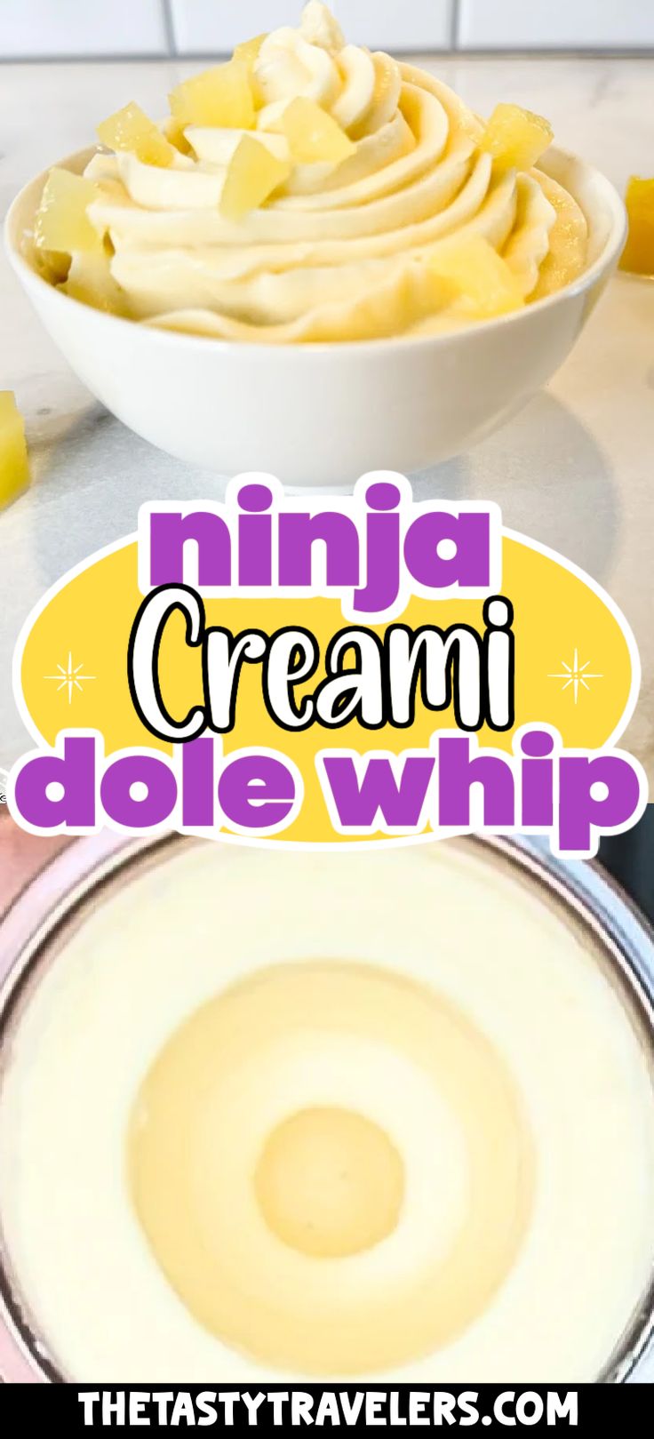 a bowl of ice cream next to a bowl of whipped cream with the words, ninja cream dole whip