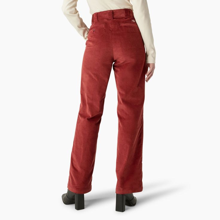 Corduroy pants are the very thing your closet is missing. Soft and sturdy with just a bit of stretch, Dickies Women's Halleyville Corduroy Pants offer a wide leg fit and were made for easy-wearing style. If you really want to complete the puzzle, pair them with their better half, Dickies Women's Oversized Corduroy Button Down Shirt for a uniform everyone is sure to remember. High rise; Wide leg Hook & bar closure Contour waistband Dual front slash pockets; Rear welt pockets with woven logo label