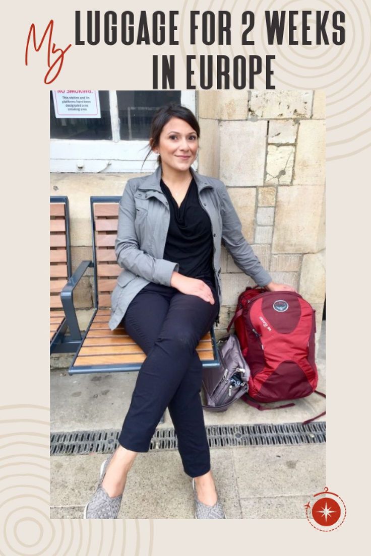 a woman sitting on top of a bench next to a red bag and backpack with the words luggage for 2 weeks in europe