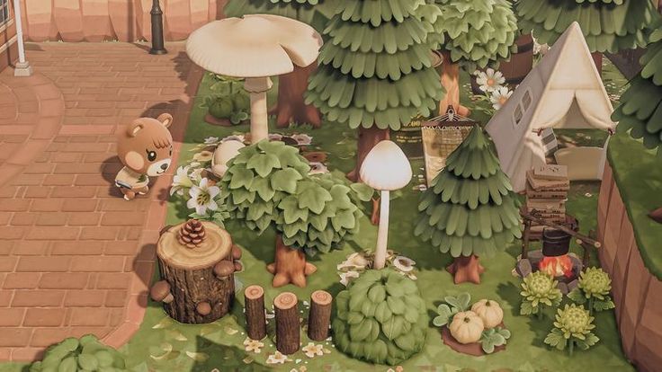 an animated image of a bear in the woods with mushrooms, trees and other things