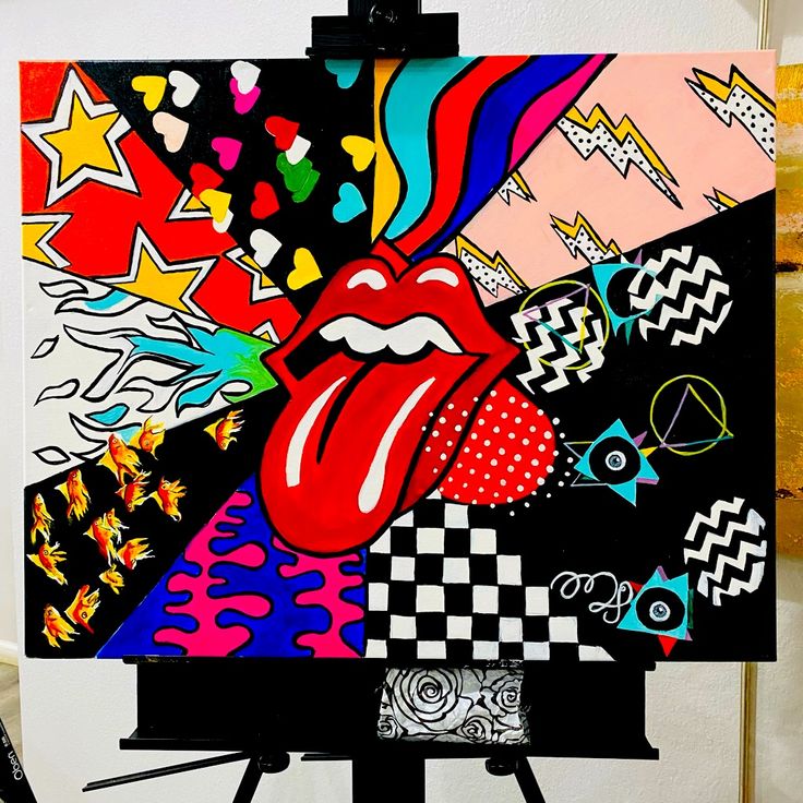 the rolling stones'tongue is painted on an easel