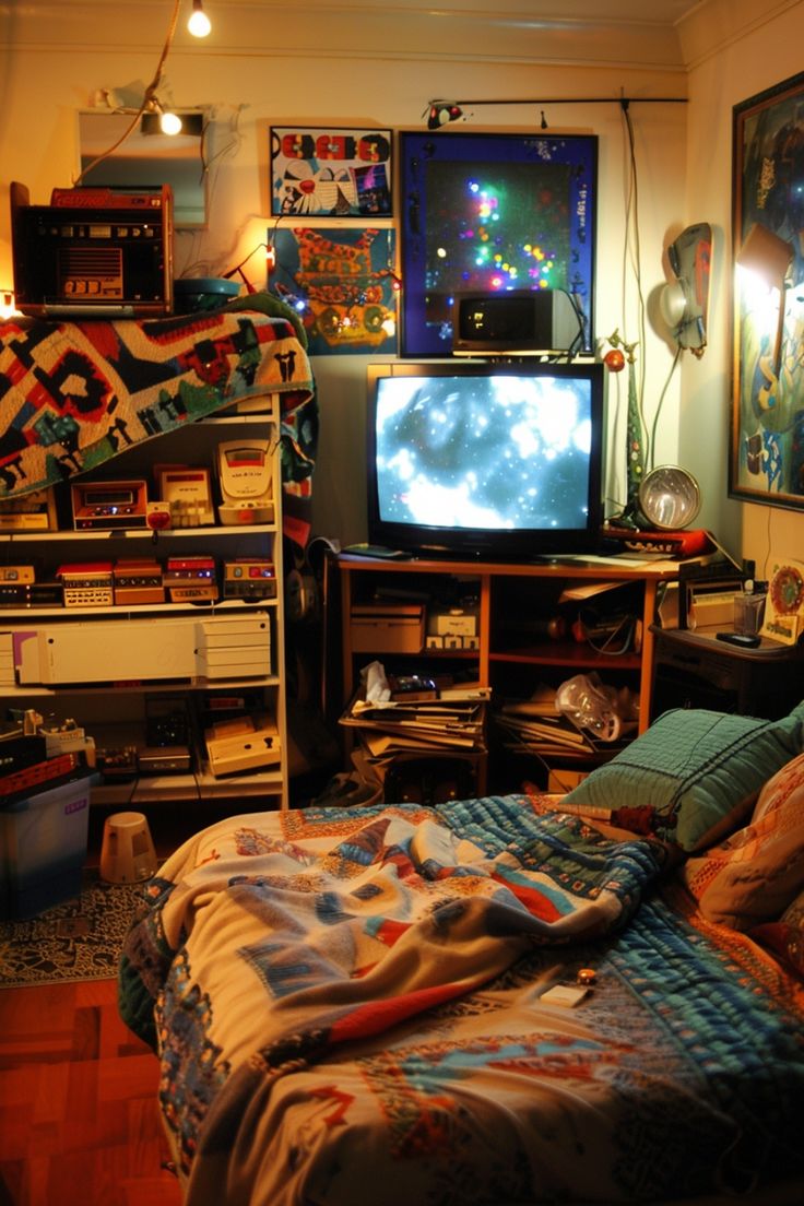 a bed room with a neatly made bed and a flat screen tv on the wall