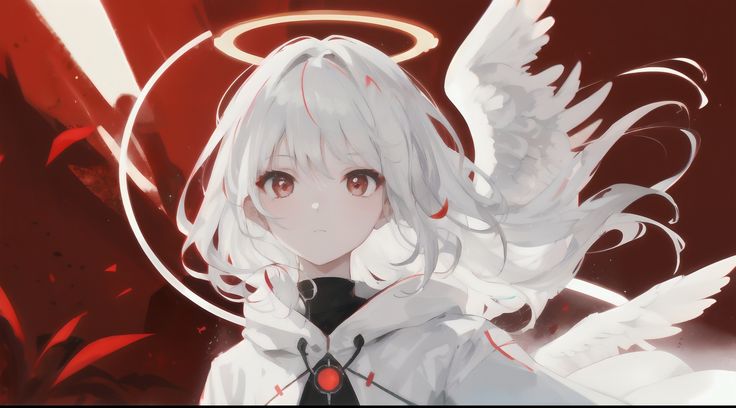 an anime character with white hair and angel wings in front of a dark red background