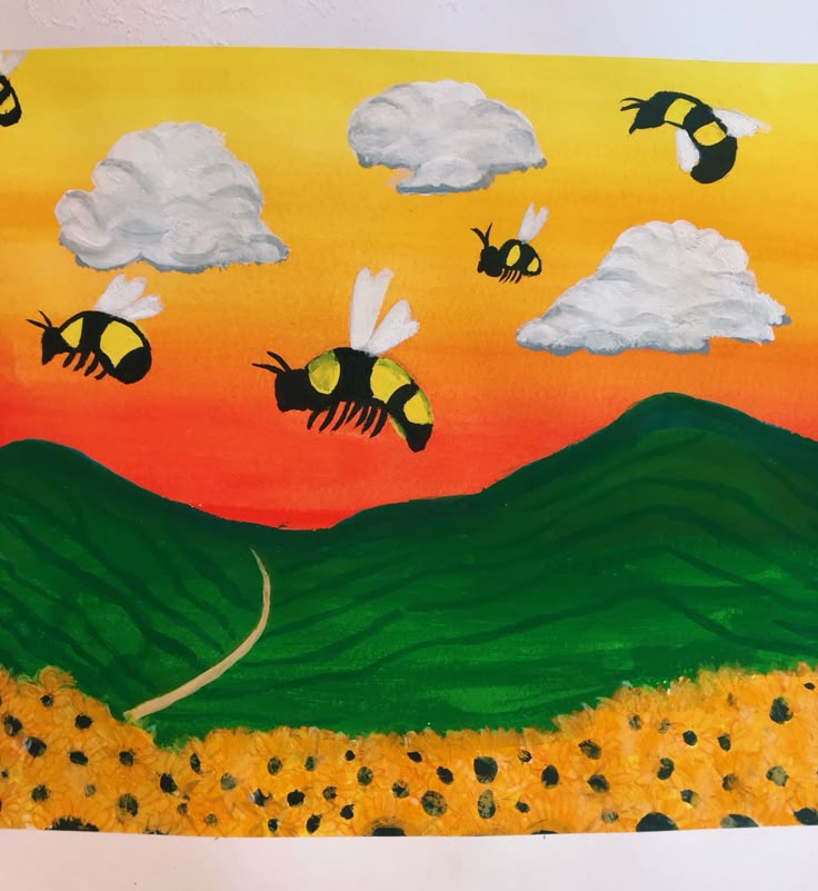 a painting of three bees flying in the sky