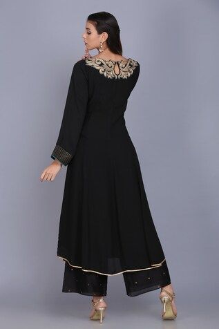 Black long kurta featuring zari applique work on the neckline. Paired with a palazzo and a dupatta. - Aza Fashions Anarkali Set With Embroidered Neckline, Festive Designer Anarkali Set With Embroidered Neckline, Traditional Anarkali Set With Embroidered Neckline For Eid, Traditional Eid Anarkali Set With Embroidered Neckline, Festive Anarkali Dupatta With Embroidered Neckline, Wedding Salwar Kameez With Embroidered Neckline For Eid, Festive Dupatta With Embroidered Neckline For Eid, Eid Wedding Salwar Kameez With Embroidered Neckline, Eid Festive Dupatta With Embroidered Neckline