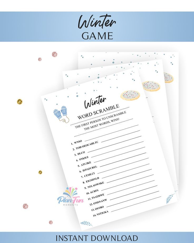 the winter game for kids is shown on top of three sheets with confetti