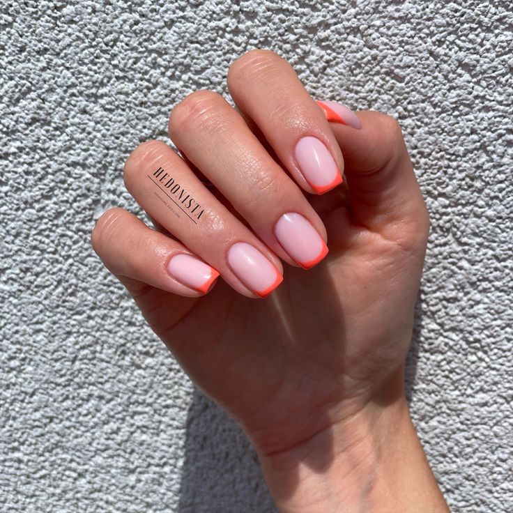 Short French Orange Nails, French Color Nails Square, Square Tipped Nails, Square Nails With Colored Tips, French Manicure With Orange Tips, Peach Color French Tip Nails, Short Square Nails Ideas Orange, Short Square Coloured French Tip Nails, Orange Tip French Manicure