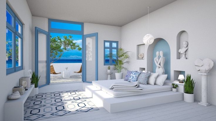 a bedroom with white walls and blue trimmings on the windows, along with an ocean view