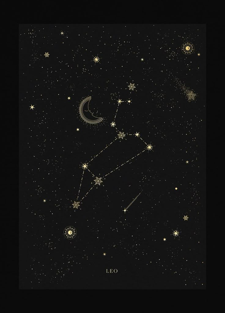 the zodiac sign leo with stars and moon in the night sky, as seen from below