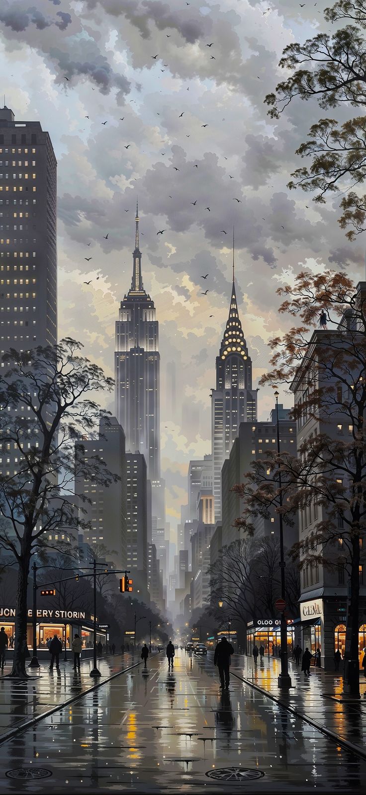 a painting of people walking in the rain on a city street with skyscrapers behind them