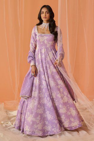 Purple Anarkali Dress, Lilac Anarkali, Floral Print Anarkali, Desi Dress, Printed Anarkali, Gown Party Wear, Cotton Anarkali, Lehenga Designs Simple, Anarkali Dress Pattern