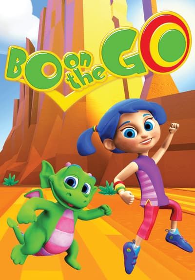 a cartoon character is dancing with another character in front of an orange mountain and the words boo on the go