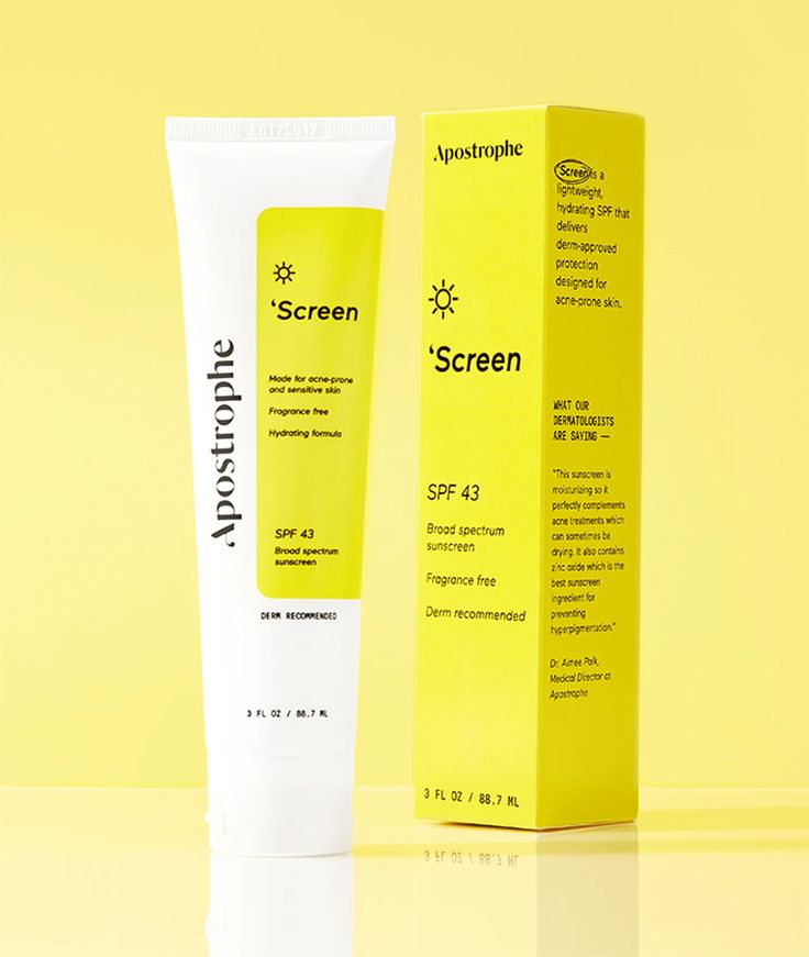 a tube of sunscreen next to a box on a yellow background with the words screen