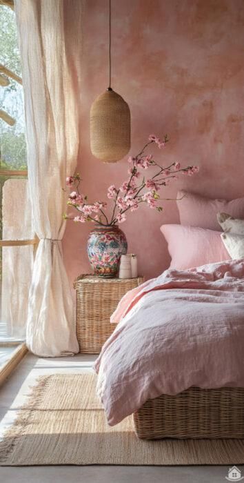 a bedroom with pink walls and wicker furniture