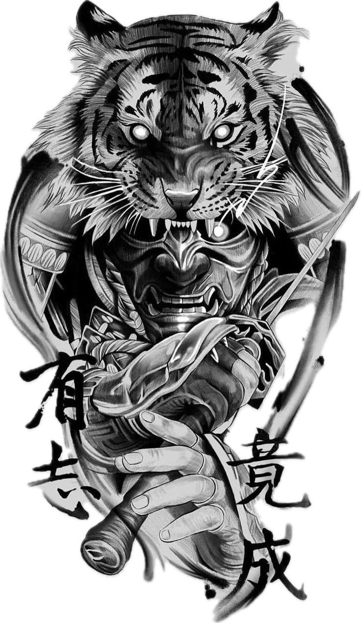 Samurai Tiger Tattoo, Japanese Tiger Dragon Tattoo, Tiger Samurai, Japan Tiger Tattoo Design, Samurai With Tiger Tattoo, Tiger Dragon Tattoo Japanese Style, Oni Samurai, Arm Tattoos Black, Wolf Tattoo Sleeve