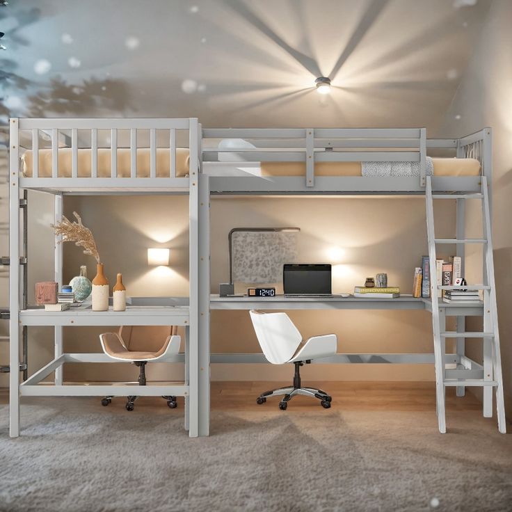 there is a loft bed with desk and chair in the room, next to it