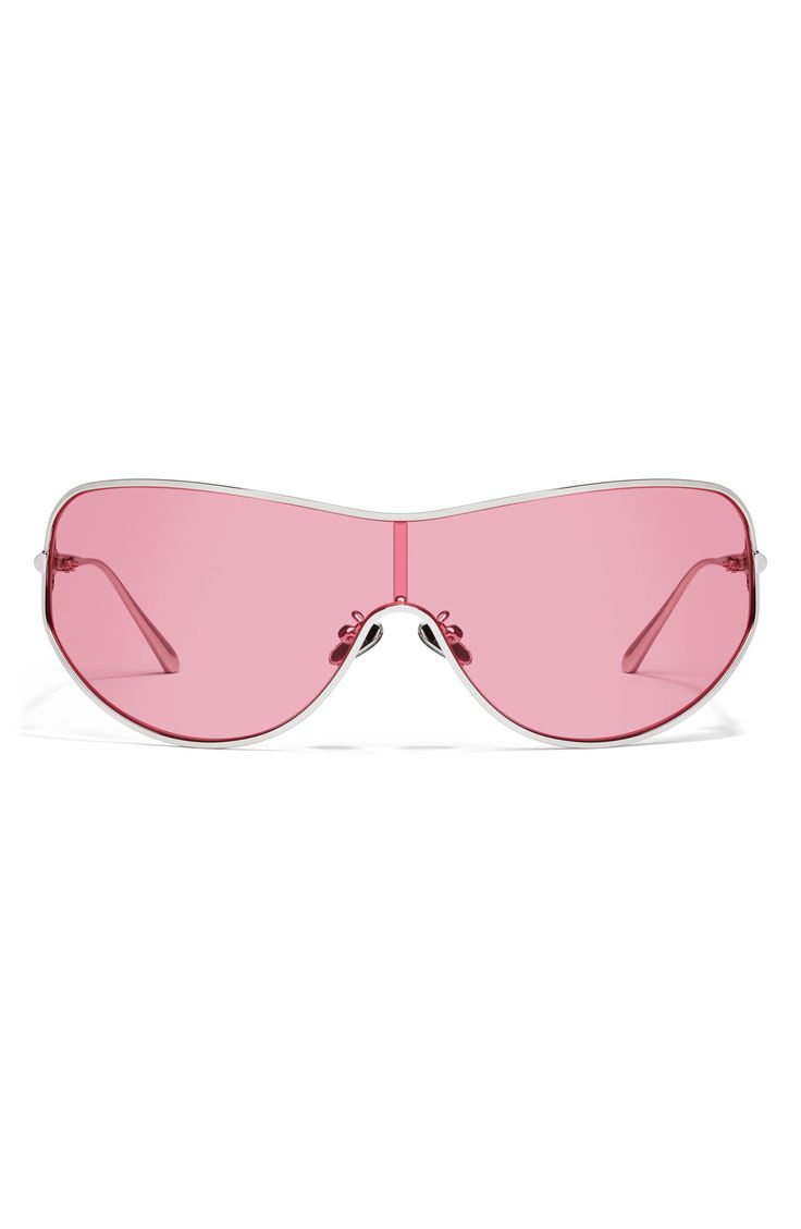 Polished metal frames elevate the modern vibe of these shield sunglasses fitted with UV-protective lenses. 51mm lens width; 14mm bridge width; 128mm temple length 100% UV protection Metal Imported Silver Rimless Shield Sunglasses With Uva Protection, Modern Pink Shield Sunglasses With Mirrored Lenses, Modern Aviator Shield Sunglasses With Metal Frame, Modern Metal Frame Aviator Sunglasses, Modern Pink Shield Sunglasses With Polarized Lenses, Modern Pink Shield Sunglasses With Tinted Lenses, Modern Rimless Shield Sunglasses With Metal Frame, Modern Pink Tinted Shield Sunglasses, Pink Rimless Shield Sunglasses With Mirrored Lenses