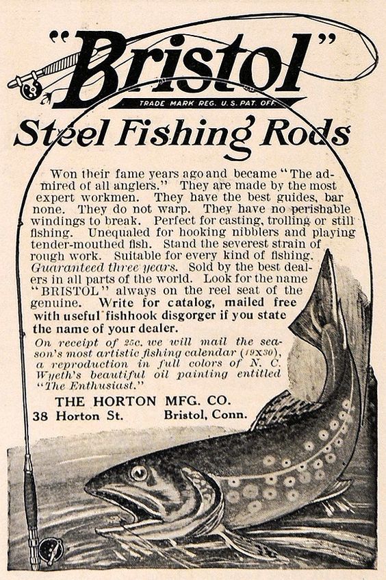 an advertisement for bristol steel fishing rods from the early 1900's, featuring a fish