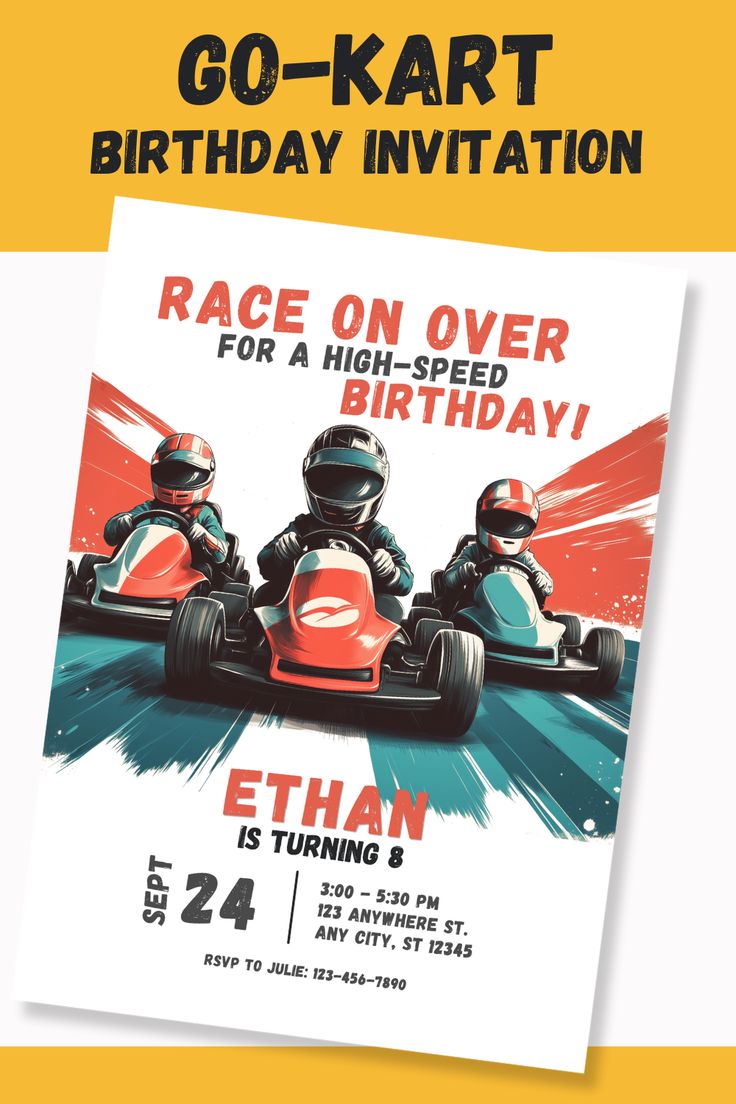 a birthday party flyer with two go - kart racers driving down the street in front of an orange background