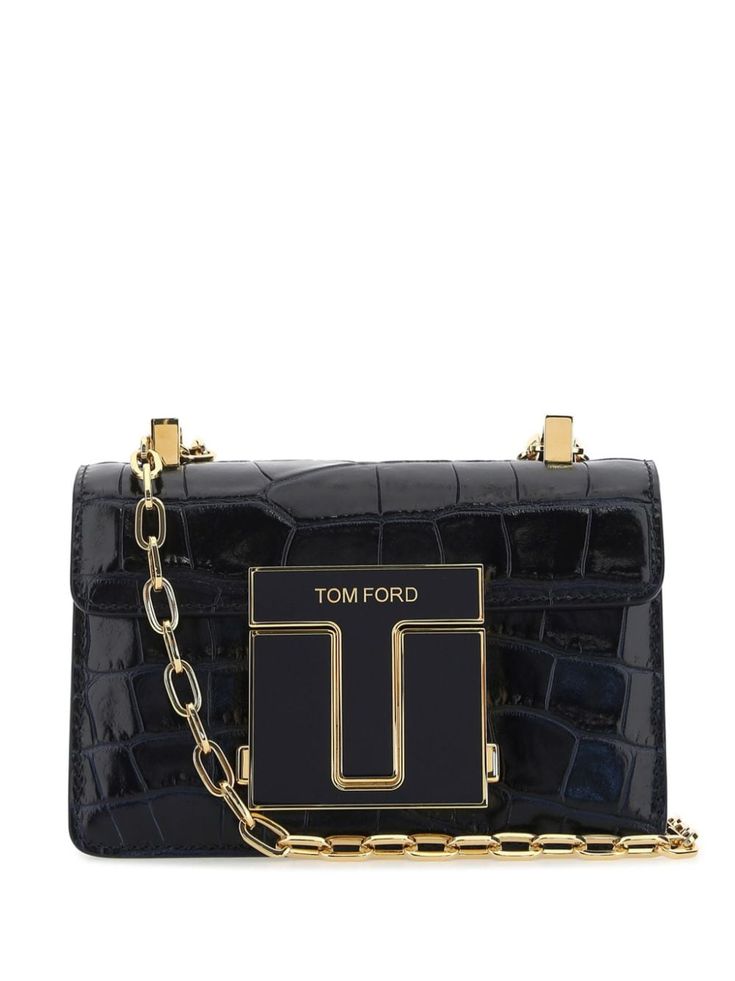 midnight blue calf leather embossed crocodile effect clasp fastening leather and chain-link shoulder strap foldover top main compartment Tom Ford Bag, Tom Ford Handbags, Small Shoulder Bags, Chain Strap Bag, Oversized Tote Bag, Woman Bags Handbags, Crocodile Leather, Womens Toms, Leather Bags