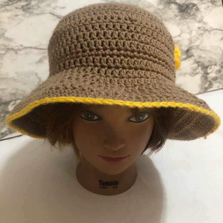 Crochet Summer Hat One Size Item Number 478 Yellow Knitted Crochet Hat For Spring, Brown Crochet Sun Hat For Spring, Brown Crochet Hat For Summer, Yellow Knitted Hat One Size Fits Most, Casual Yellow Straw Hat With Short Brim, Yellow Bucket Hat With Short Brim For Spring, Brown Short Brim Crochet Hat For Spring, Handmade Yellow Bucket Hat For Spring, Yellow Short Brim Bucket Hat For Spring