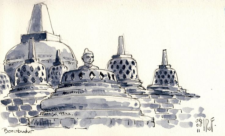 an ink drawing of some buildings with spires on each side and a man in the middle