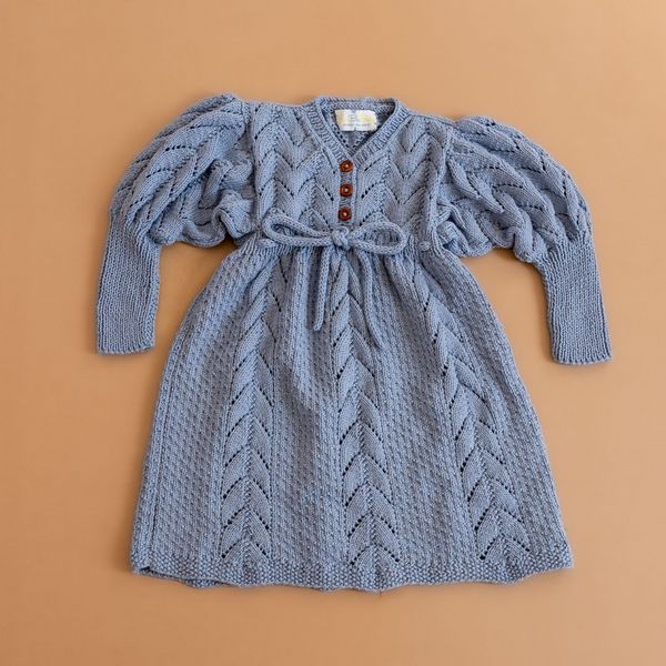 a blue knitted dress with long sleeves and buttons on the front, sitting on a tan background