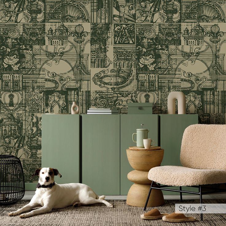 a dog laying on the floor in front of a wallpapered room with green cabinets