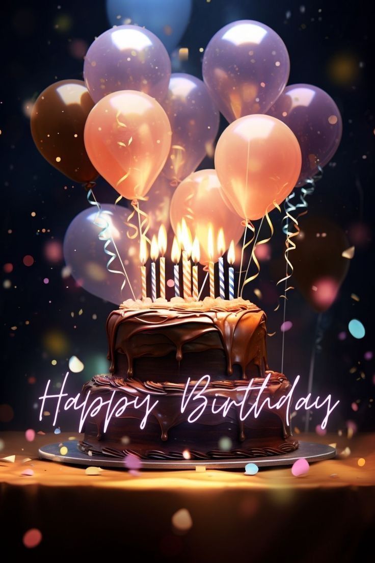 a birthday cake with lit candles and balloons