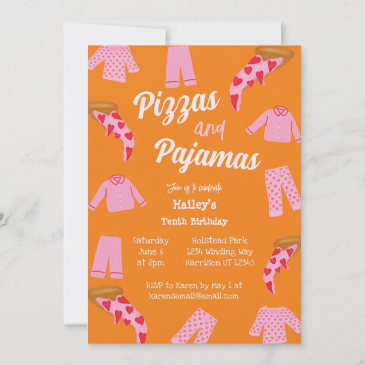 an orange and pink baby's birthday party card with pajamas on it, which reads pigs and pajama