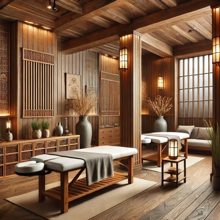 a spa room with wooden walls and wood flooring, two massage tables in the middle