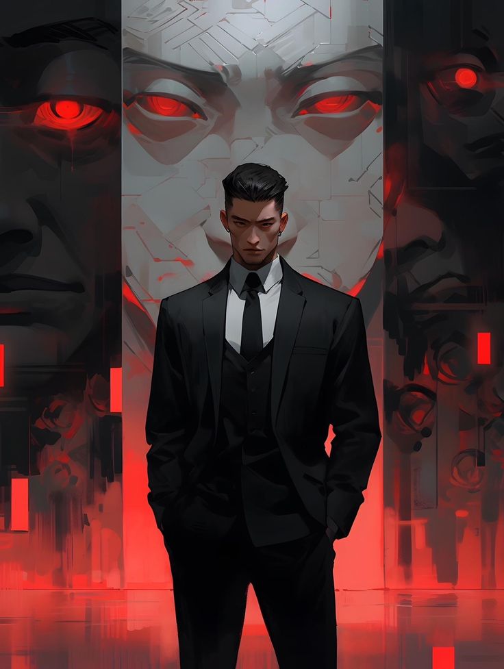 a man in a black suit and red eyes