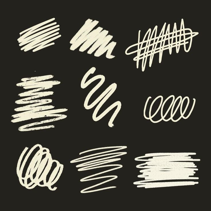 different hand drawn lines and strokes on a black background, set of nine brushes for drawing